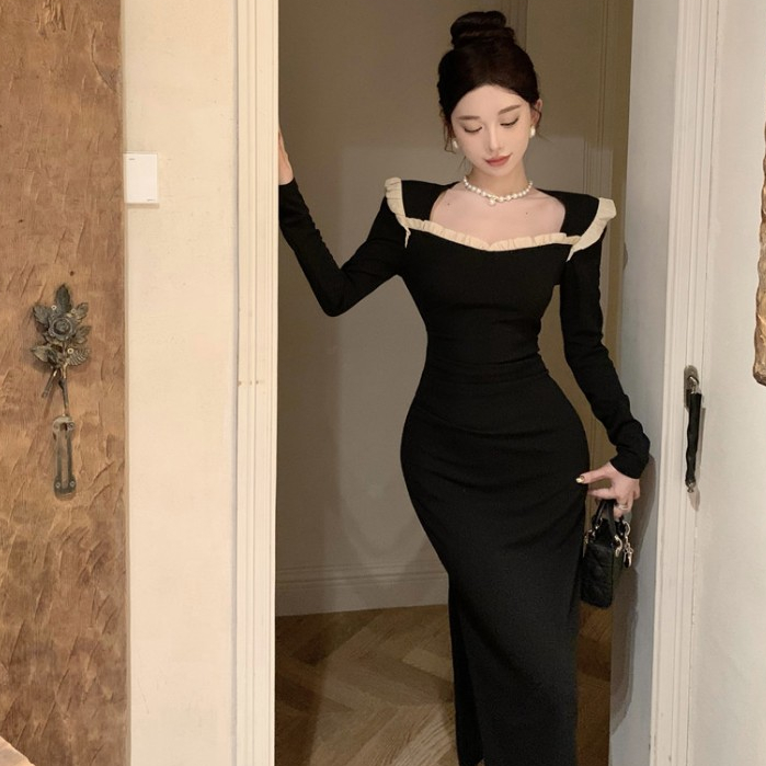 Đầm Nhung Đen Dài Ngang Hông Tay Dài Cổ Tròn Ôm Dáng Phối Ren Trang Trí Gợi Cảm Phong Cách Hàn Quốc Dành Cho Bạn Nữ