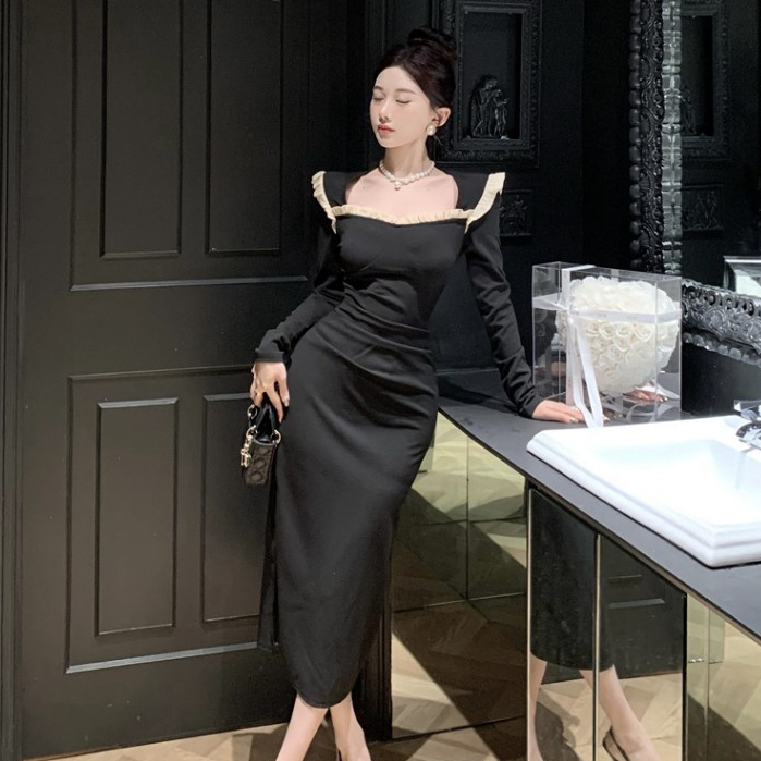 Đầm Nhung Đen Dài Ngang Hông Tay Dài Cổ Tròn Ôm Dáng Phối Ren Trang Trí Gợi Cảm Phong Cách Hàn Quốc Dành Cho Bạn Nữ