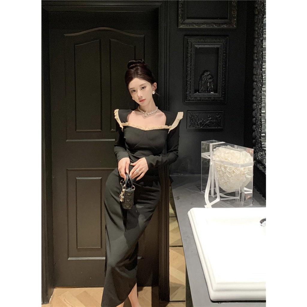 Đầm Nhung Đen Dài Ngang Hông Tay Dài Cổ Tròn Ôm Dáng Phối Ren Trang Trí Gợi Cảm Phong Cách Hàn Quốc Dành Cho Bạn Nữ