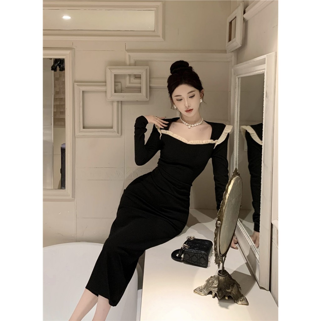 Đầm Nhung Đen Dài Ngang Hông Tay Dài Cổ Tròn Ôm Dáng Phối Ren Trang Trí Gợi Cảm Phong Cách Hàn Quốc Dành Cho Bạn Nữ