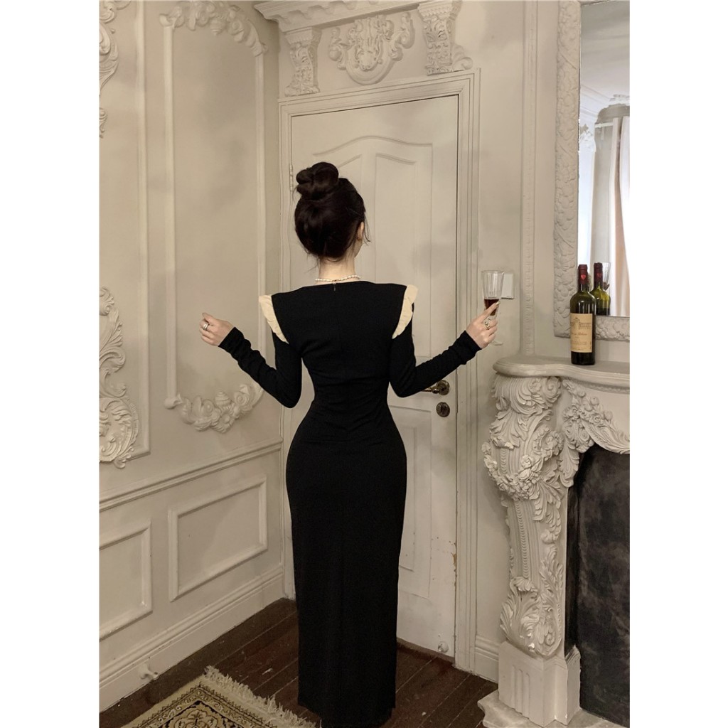 Đầm Nhung Đen Dài Ngang Hông Tay Dài Cổ Tròn Ôm Dáng Phối Ren Trang Trí Gợi Cảm Phong Cách Hàn Quốc Dành Cho Bạn Nữ