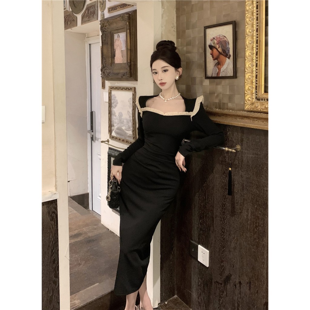 Đầm Nhung Đen Dài Ngang Hông Tay Dài Cổ Tròn Ôm Dáng Phối Ren Trang Trí Gợi Cảm Phong Cách Hàn Quốc Dành Cho Bạn Nữ
