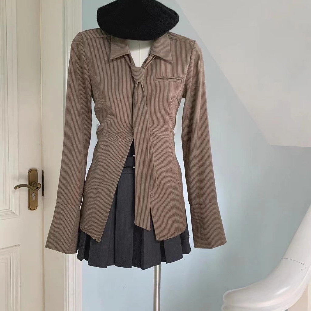 Áo Sơ Mi Nữ Tay Dài Kẻ Sọc Phong Cách retro Thời Trang Hàn Quốc