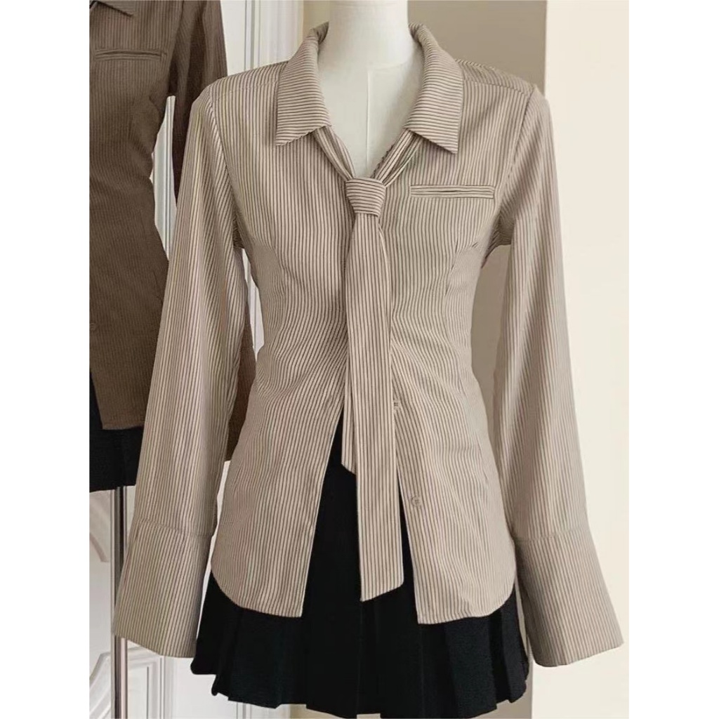 Áo Sơ Mi Nữ Tay Dài Kẻ Sọc Phong Cách retro Thời Trang Hàn Quốc