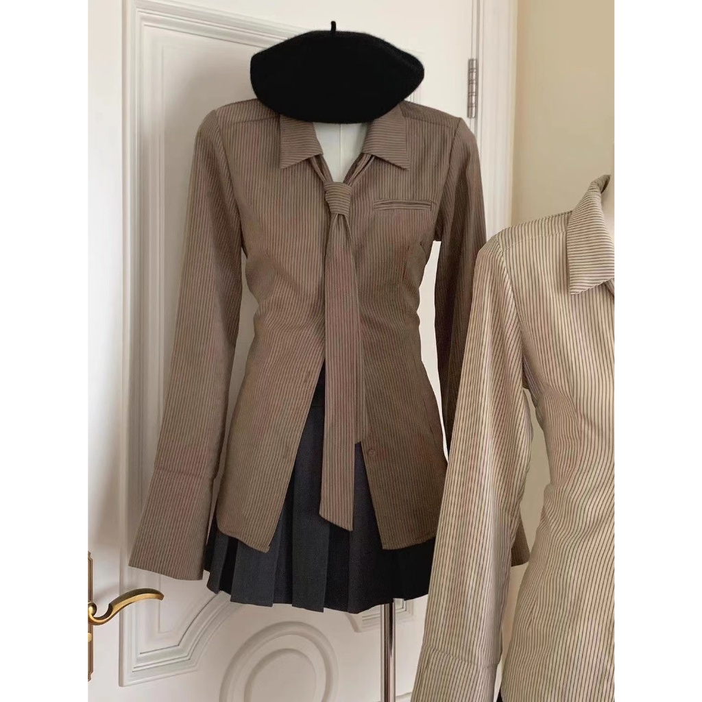 Áo Sơ Mi Nữ Tay Dài Kẻ Sọc Phong Cách retro Thời Trang Hàn Quốc