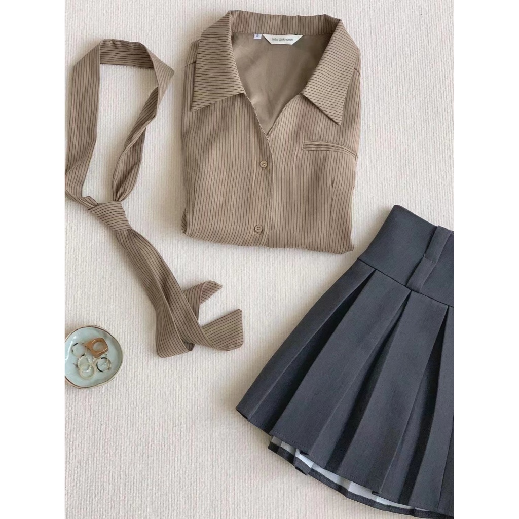 Áo Sơ Mi Nữ Tay Dài Kẻ Sọc Phong Cách retro Thời Trang Hàn Quốc