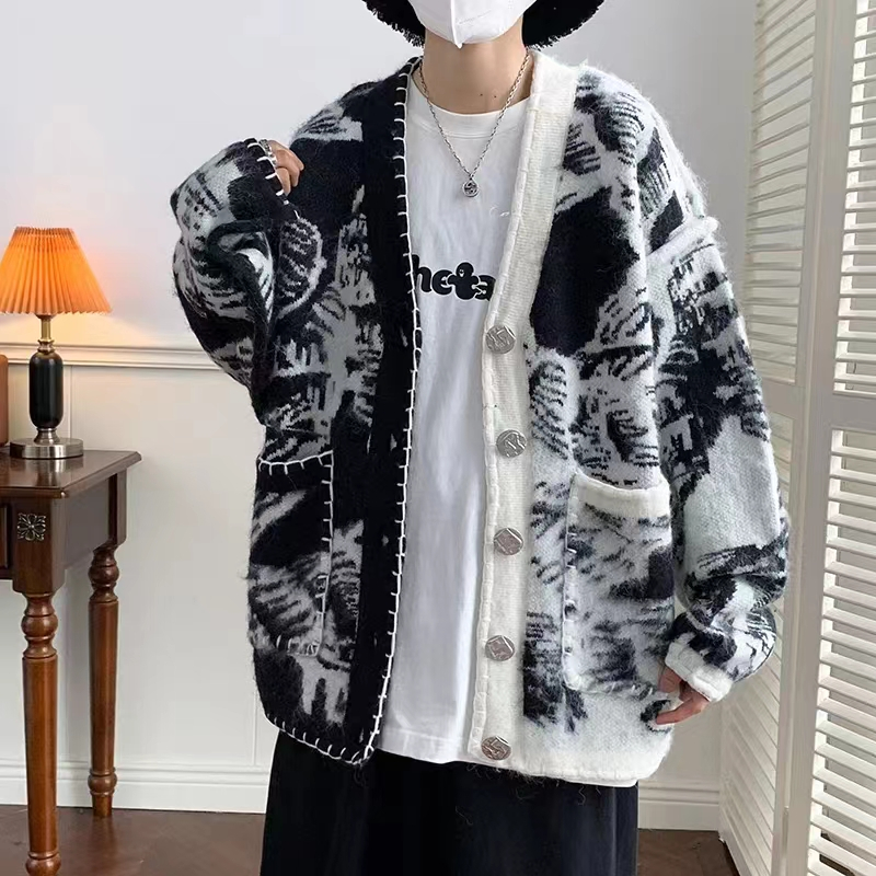 Kyushuad Áo Khoác cardigan Dệt Kim Nhuộm Màu Dáng Rộng Phong Cách harajuku Nhật Bản Nam Tính