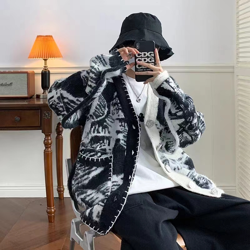 Kyushuad Áo Khoác cardigan Dệt Kim Nhuộm Màu Dáng Rộng Phong Cách harajuku Nhật Bản Nam Tính