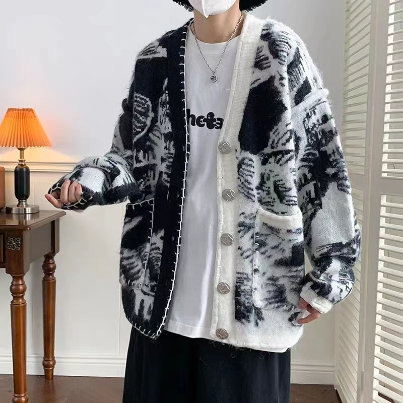 Kyushuad Áo Khoác cardigan Dệt Kim Nhuộm Màu Dáng Rộng Phong Cách harajuku Nhật Bản Nam Tính