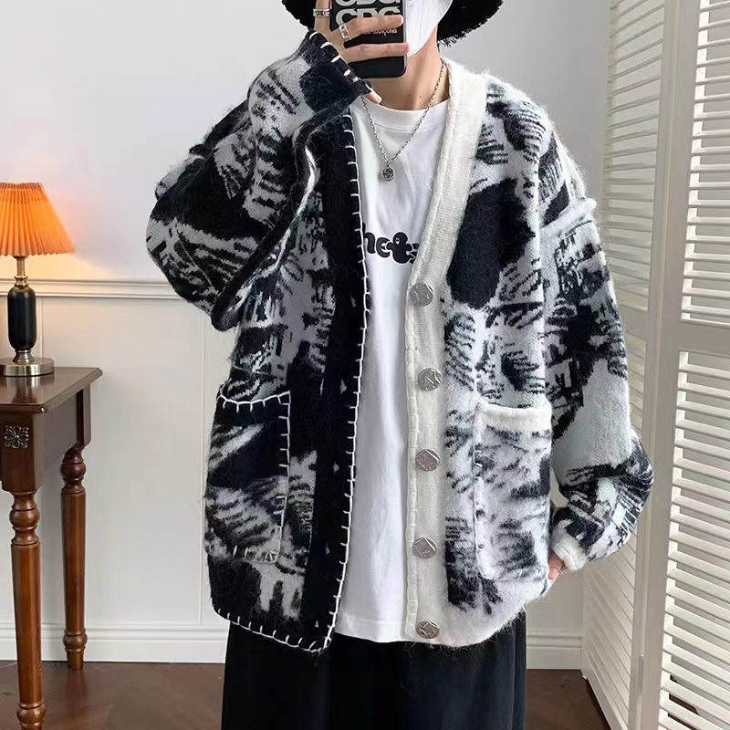 Kyushuad Áo Khoác cardigan Dệt Kim Nhuộm Màu Dáng Rộng Phong Cách harajuku Nhật Bản Nam Tính