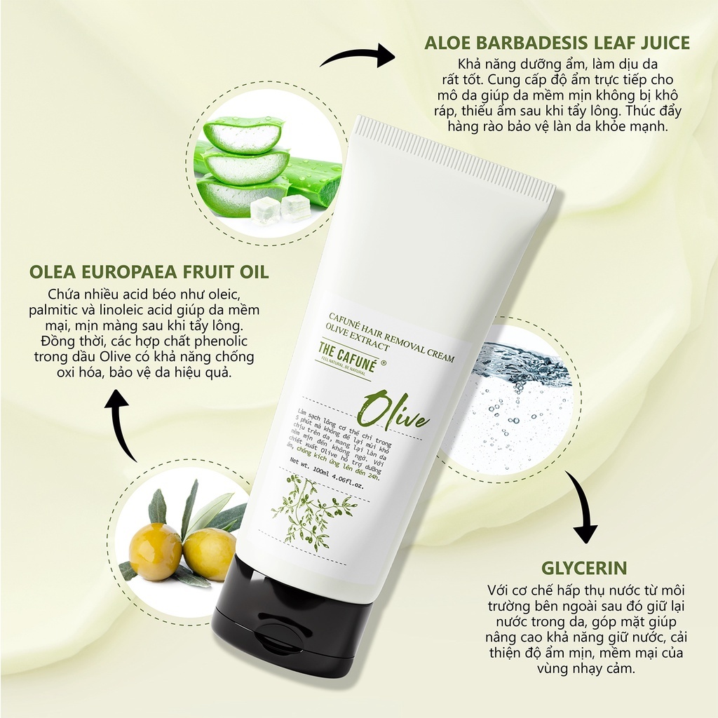 Kem Tẩy Lông Olive Serum Ức Chế Mọc The Cafune Gel Triệt Lông Ria Mép Nách Chân Tay Vùng Kín Bikini Nam Nữ Không Đau