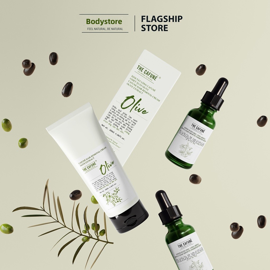 Kem Tẩy Lông Olive Serum Ức Chế Mọc The Cafune Gel Triệt Lông Ria Mép Nách Chân Tay Vùng Kín Bikini Nam Nữ Không Đau