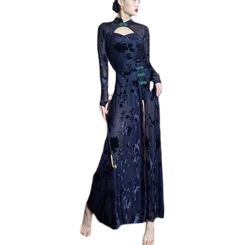 Đầm Sườn Xám Cách Tân Dáng Dài Xẻ Tà In Họa Tiết Phong Cách Trung Hoa Cổ Điển