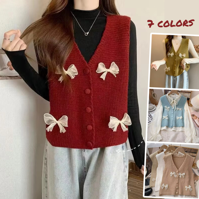 Áo Dệt Kim Không Tay Cổ Chữ V Đính Nơ Thời Trang Mùa Xuân Dành Cho Nữ