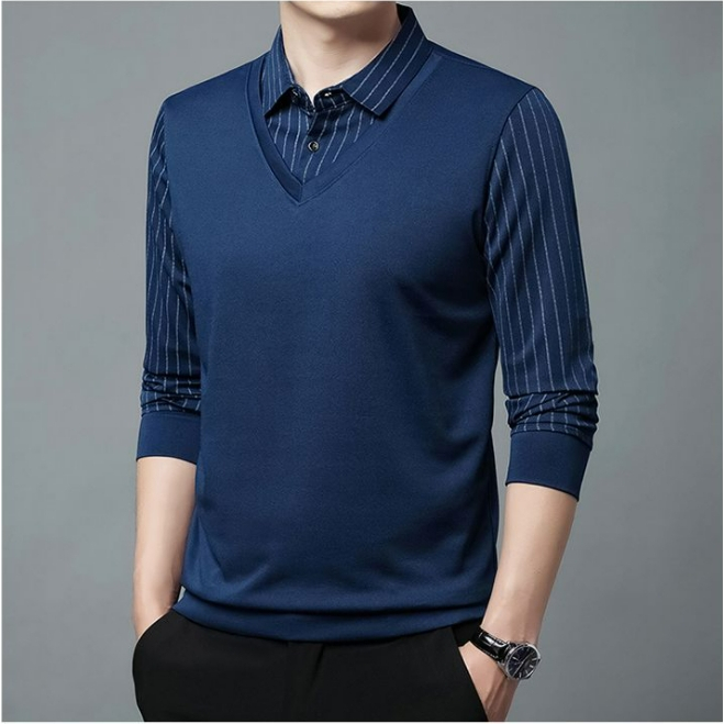 T-shirt in sọc của nam giới mùa xuân và mùa thu ve áo mỏng nối giản dị cộng với kích thước dài tay áo