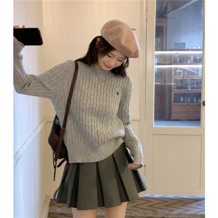Kumikumi Áo sweater Dệt Kim Tay Dài Cổ Tròn Thêu Họa Tiết Thời Trang Hàn Quốc Cho Nữ