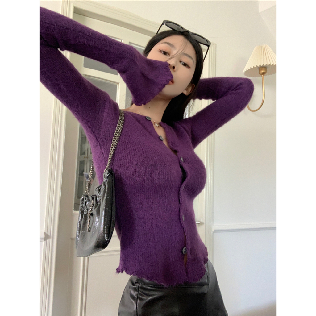Kumikumi Áo Khoác cardigan Dệt Kim Tay Dài Màu Tím Thời Trang Dành Cho Nữ