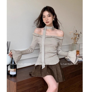 Kumikumi Áo sweater Dệt Kim Trễ Vai Tay Loe In Hoa Thời Trang Hàn Quốc Gợi Cảm Dành Cho Bạn Nữ