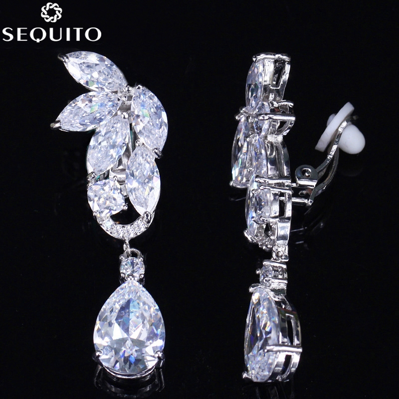 SEQUITO Chất Lượng Cao CZ Zirocn Pha Lê Nữ Tiệc Cưới Kẹp Tai Trang Sức Kẹp Trên Bông Tai Không Xuyên