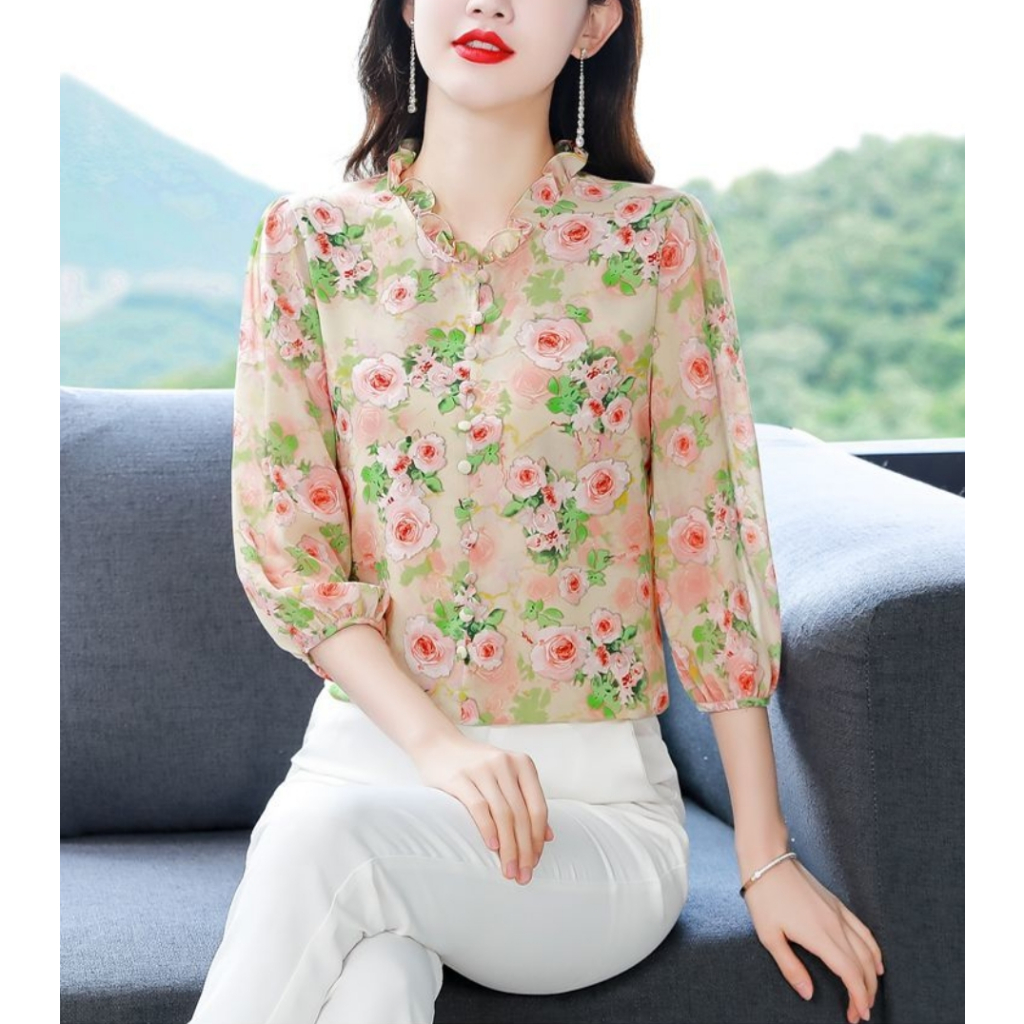 Áo Sơ Mi Voan Hoa Tay Dài Dáng Rộng Che Phủ Bụng Phong Cách Hàn Quốc Dành Cho Nữ