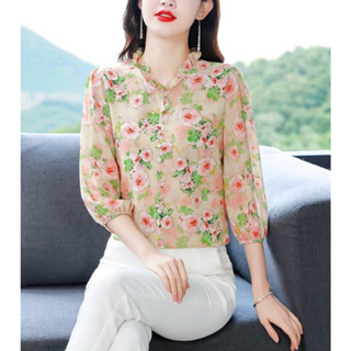Áo Sơ Mi Voan Hoa Tay Dài Dáng Rộng Che Phủ Bụng Phong Cách Hàn Quốc Dành Cho Nữ
