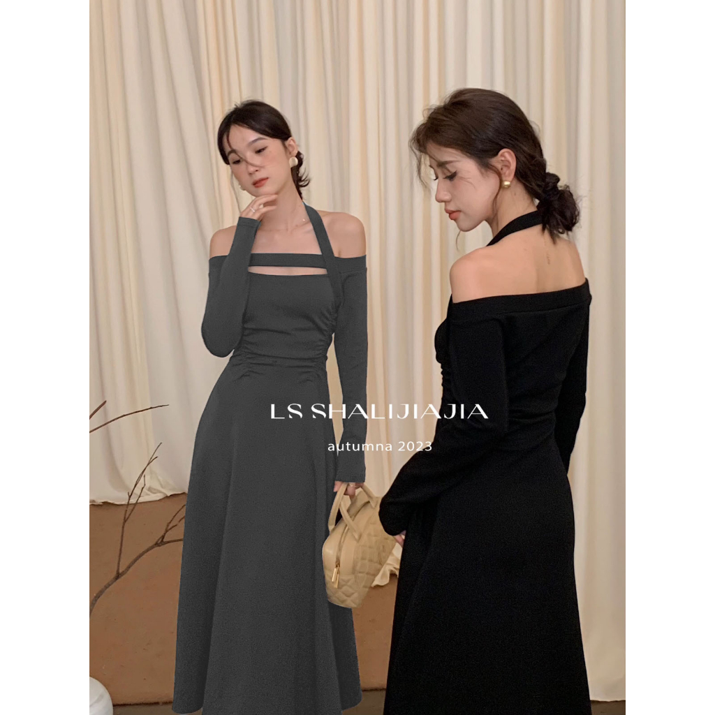 Đầm Dài Tay Trễ Vai Màu Đen Phong Cách Pháp Thời Trang Mùa Thu Cho Nữ