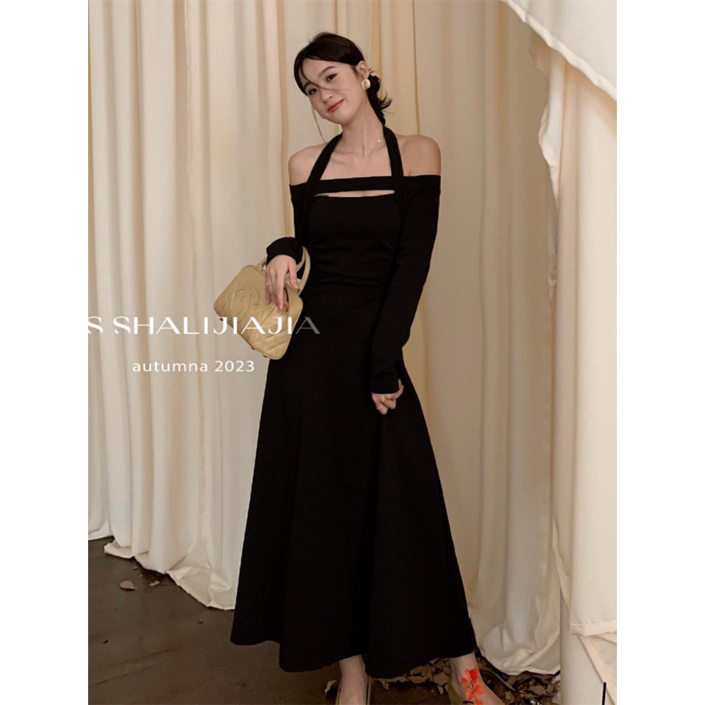 Đầm Dài Tay Trễ Vai Màu Đen Phong Cách Pháp Thời Trang Mùa Thu Cho Nữ