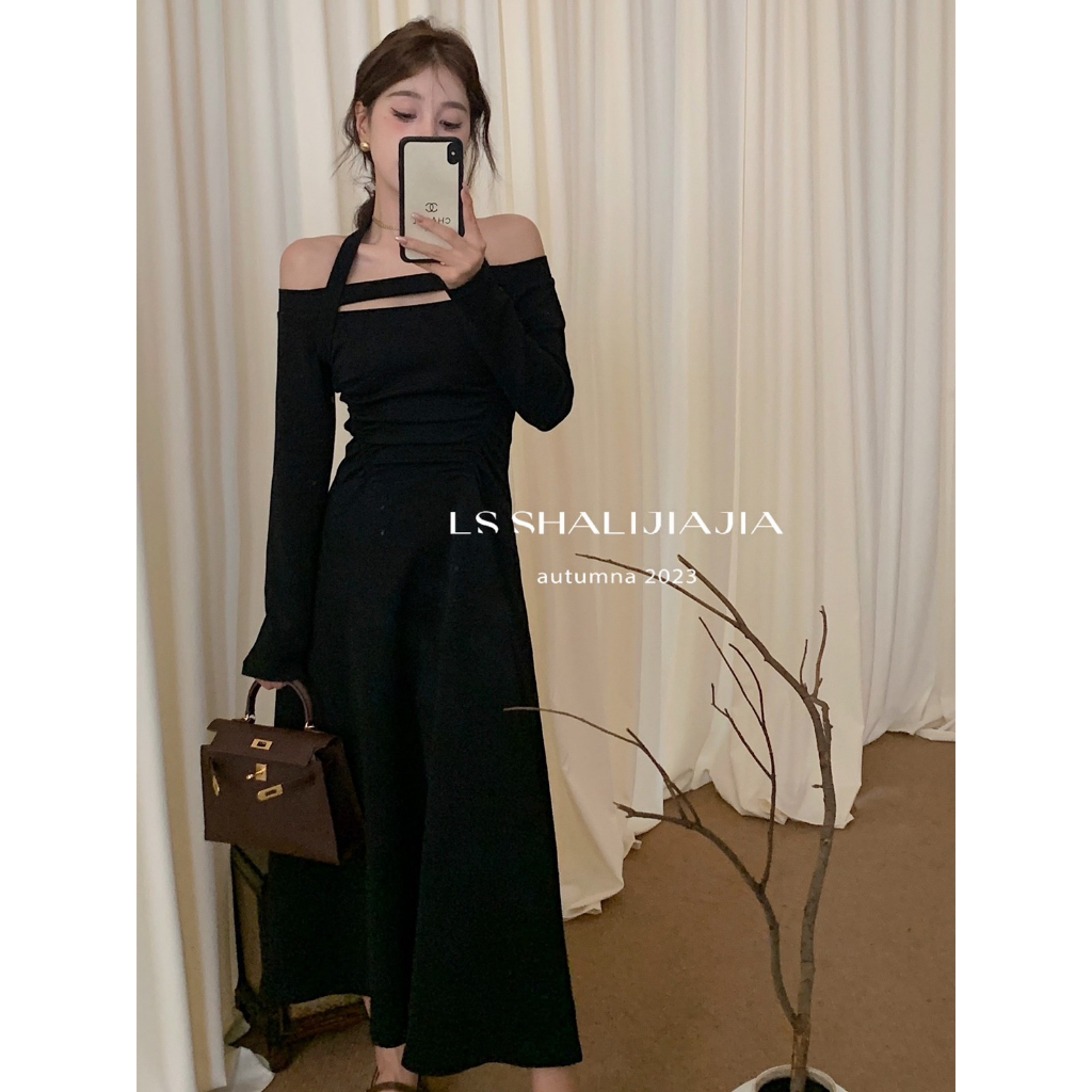 Đầm Dài Tay Trễ Vai Màu Đen Phong Cách Pháp Thời Trang Mùa Thu Cho Nữ