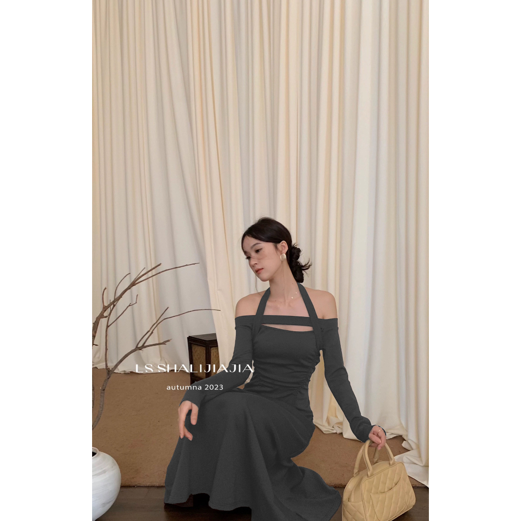 Đầm Dài Tay Trễ Vai Màu Đen Phong Cách Pháp Thời Trang Mùa Thu Cho Nữ