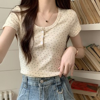 Áo thun in hoa hai dòng màu trắng ren áo thun ngắn tay, áo nữ