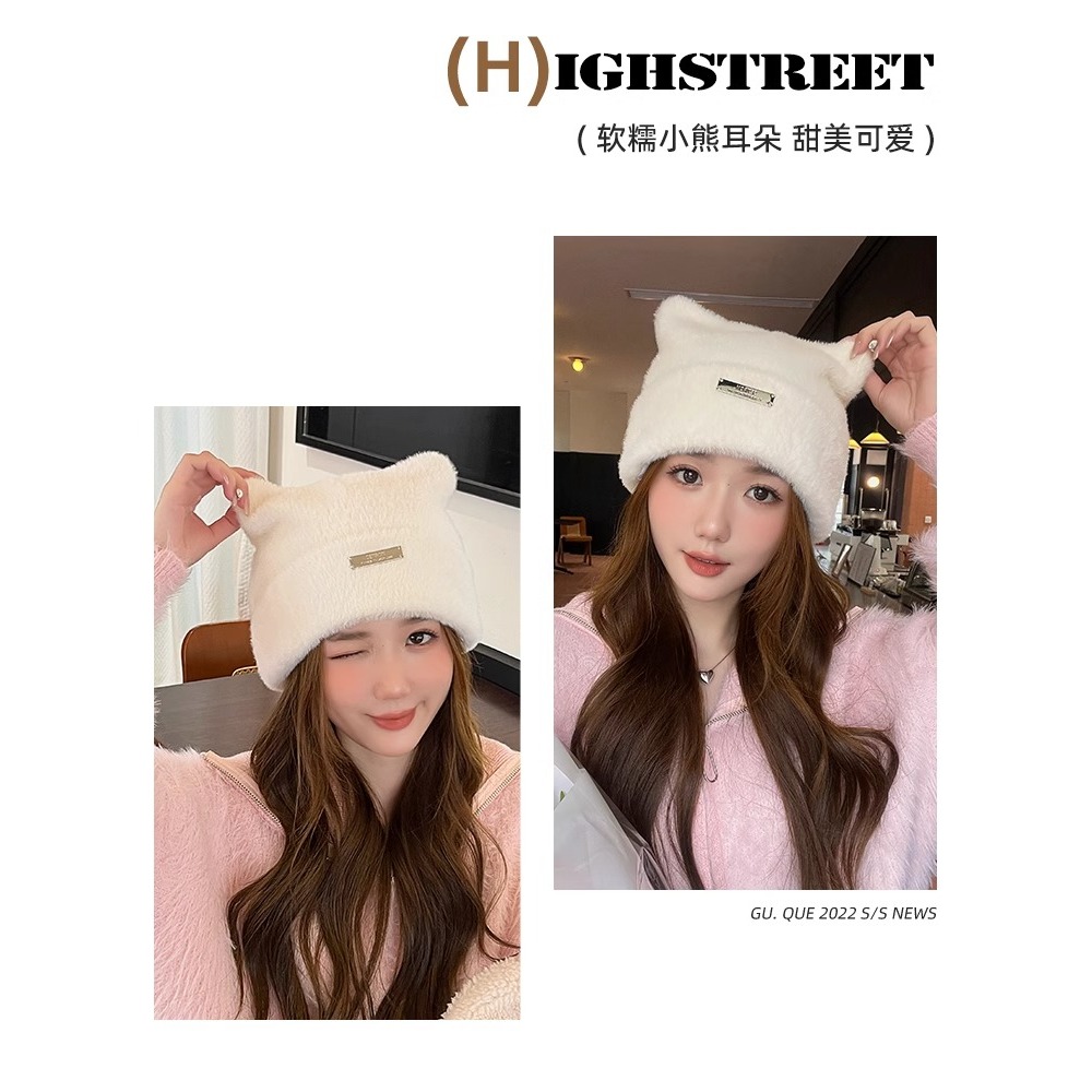Mũ Len Dệt Kim Đính Tai Mèo Dễ Thương Phong Cách Hàn Quốc Cho Nữ