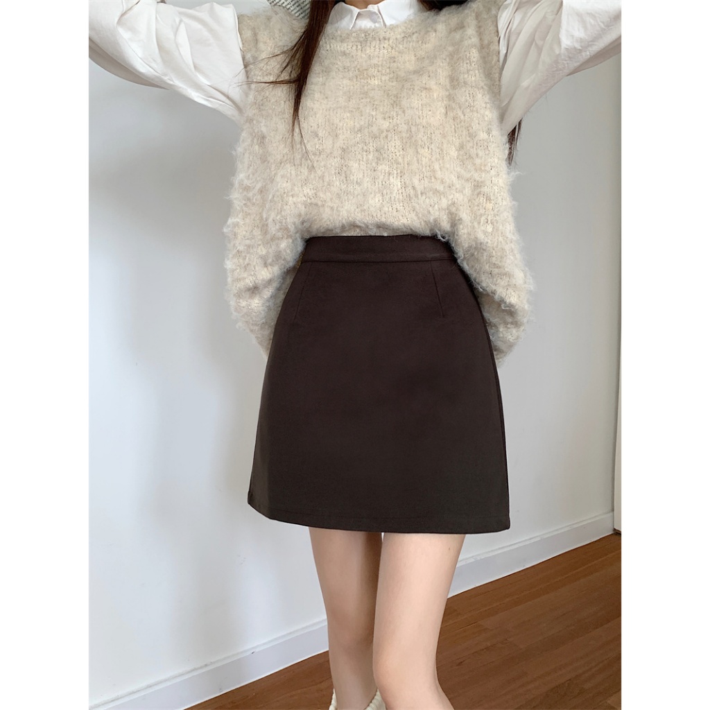 Xiaozhainv Chân Váy Chữ a Lưng Cao Màu Trơn Phong Cách Hàn Quốc Thời Trang Cho Nữ