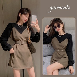 [Có thắt lưng] đầm cổ tròn tay dài cổ tròn váy chữ A ngắn Hàn Quốc đầm màu tương phản thời trang nữ Thích hợp cho mùa thu đông
