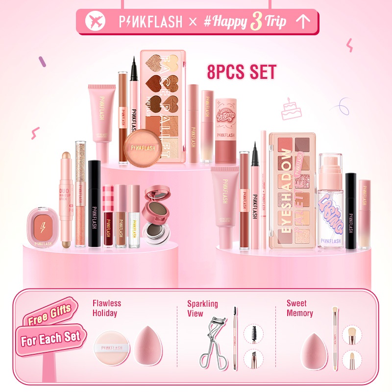 Bộ 8 Mỹ Phẩm Trang Điểm Mặt happy3journey pinkflash 3D