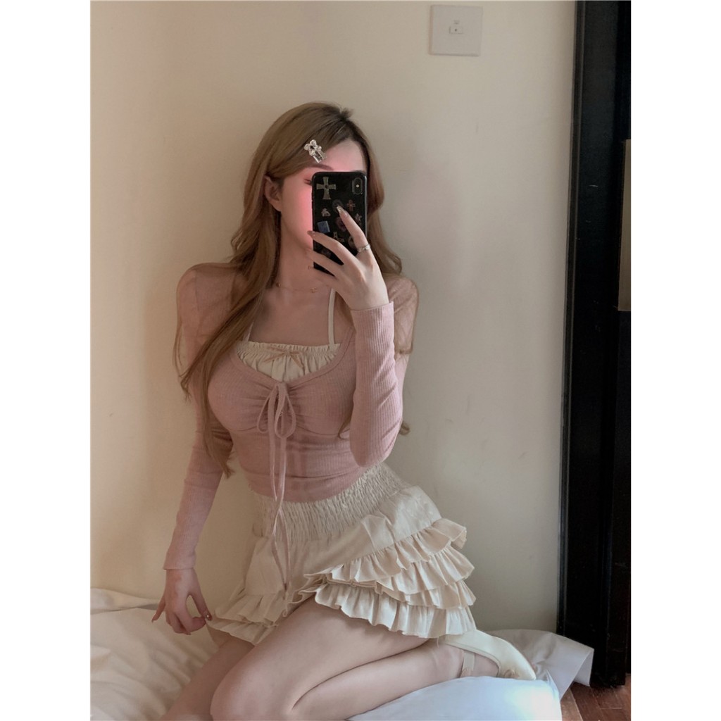 Áo croptop Hai Dây Tay Dài Màu Hồng Thời Trang Mùa Thu Cho Nữ