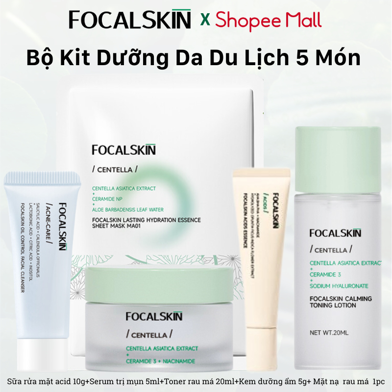 Bộ Kit Dưỡng Da Du Lịch 5 Món gồm Sữa Rửa Mặt Kiềm Dầu 10g+Mặt Nạ Rau Má 1pc+Serum Trị Mụn 5ml+Toner Rau Má 20ml