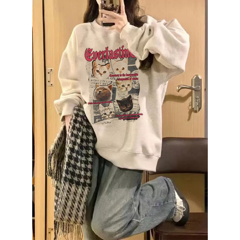 Áo sweater nam xám BEEYANBUY áo nỉ tay dài đẹp in hình con mèo unisex 100% cotton-Y0541