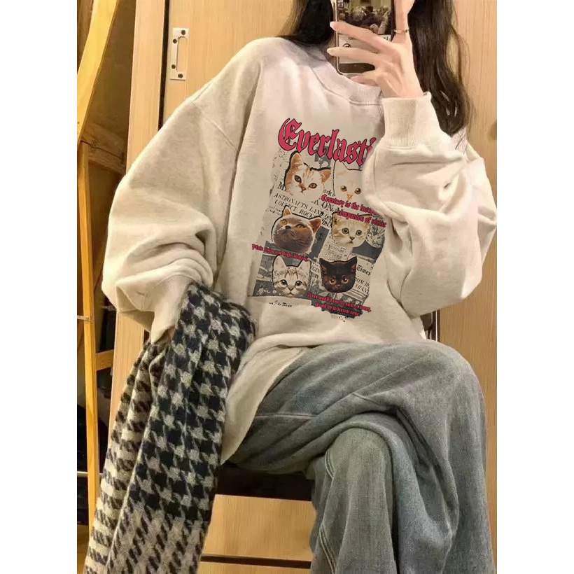 Áo sweater nam xám BEEYANBUY áo nỉ tay dài đẹp in hình con mèo unisex 100% cotton-Y0541