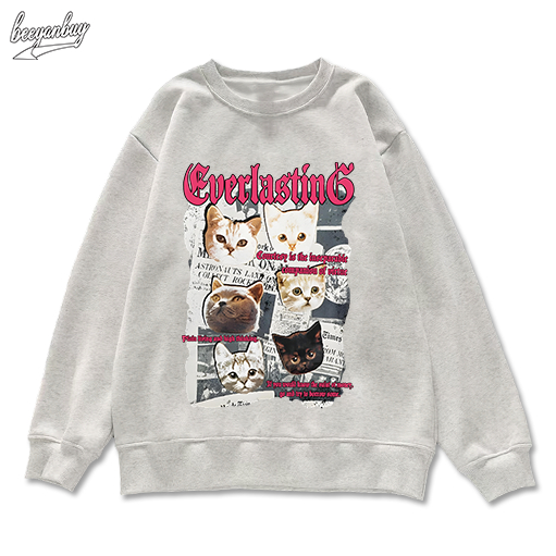 Áo sweater nam xám BEEYANBUY áo nỉ tay dài đẹp in hình con mèo unisex 100% cotton-Y0541