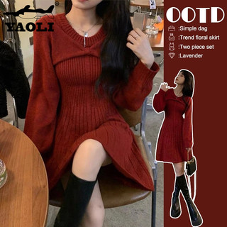 Đầm nữ dệt kim YAOLI màu đỏ trơn dáng rộng phong cách Giáng sinh thời trang cao cấp quyến rũ
