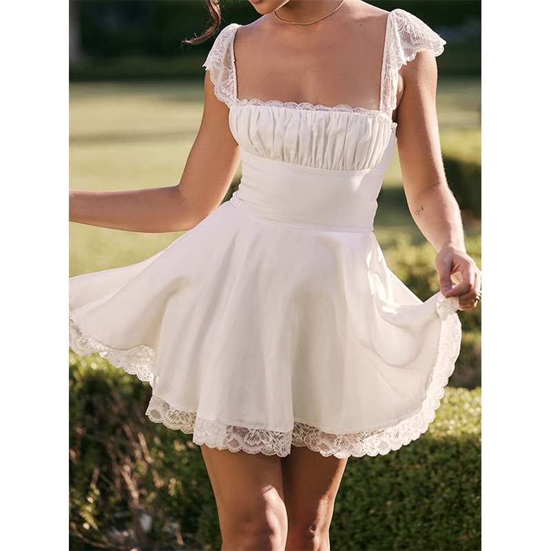 Bay-đầm Mini Ngắn Tay Dáng Chữ A Xếp Nếp Màu Trơn Phong Cách Vintage Cho Nữ