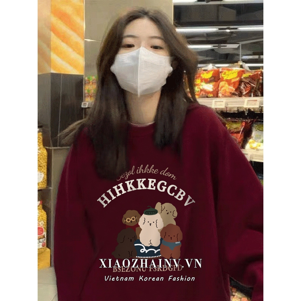 Xiaozhainv Áo sweatshirt Cổ Tròn Tay Dài oversize In Họa Tiết Màu Đỏ Phong Cách Hàn Quốc 6 Màu Dành Cho Bạn Nữ