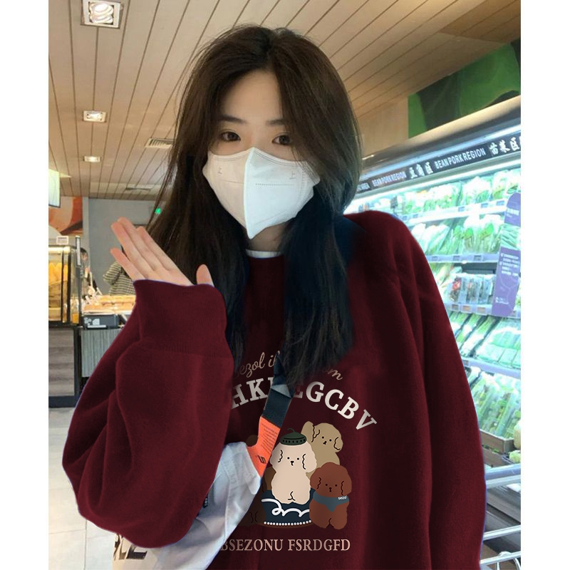 Xiaozhainv Áo sweatshirt Cổ Tròn Tay Dài oversize In Họa Tiết Màu Đỏ Phong Cách Hàn Quốc 6 Màu Dành Cho Bạn Nữ