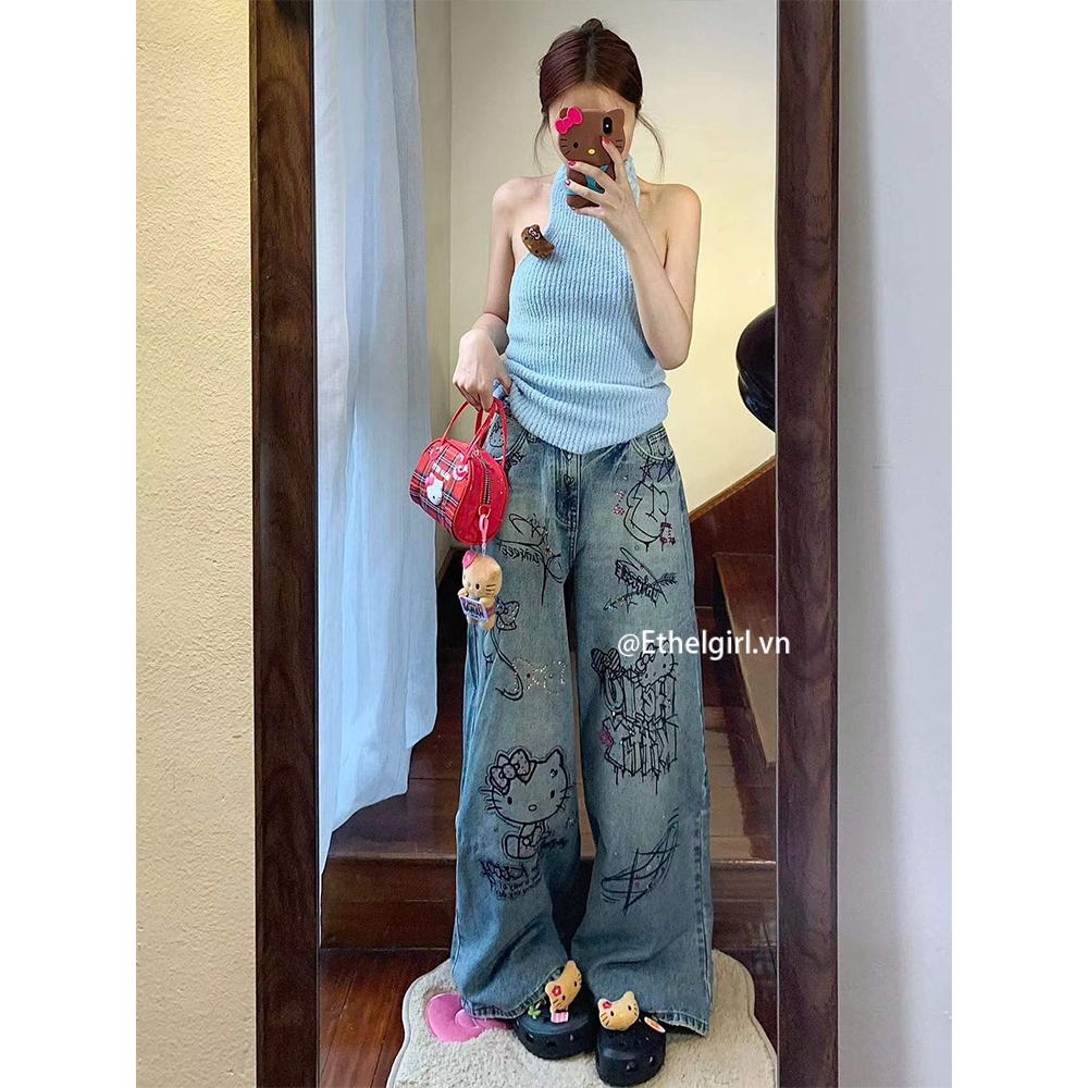 Ethelgirl Quần Jean Nữ Lưng Cao Ống Loe In Hình hello kitty Thời Trang Hàn Quốc