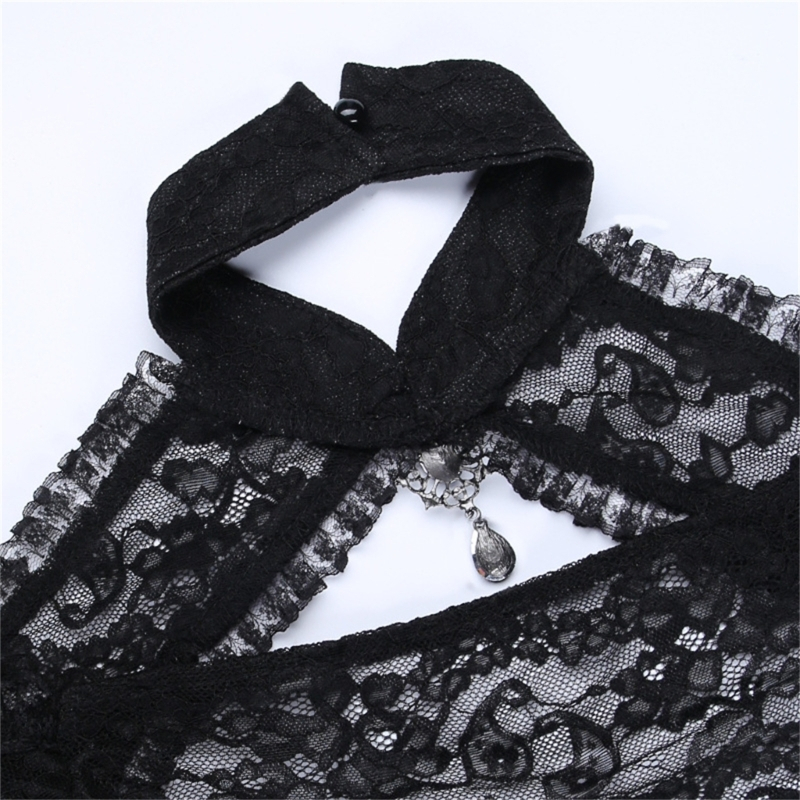 Hum women goth tops punk flare sleeves cover up sexy see through crop top girls stand collar lace t-shirt for party fest
