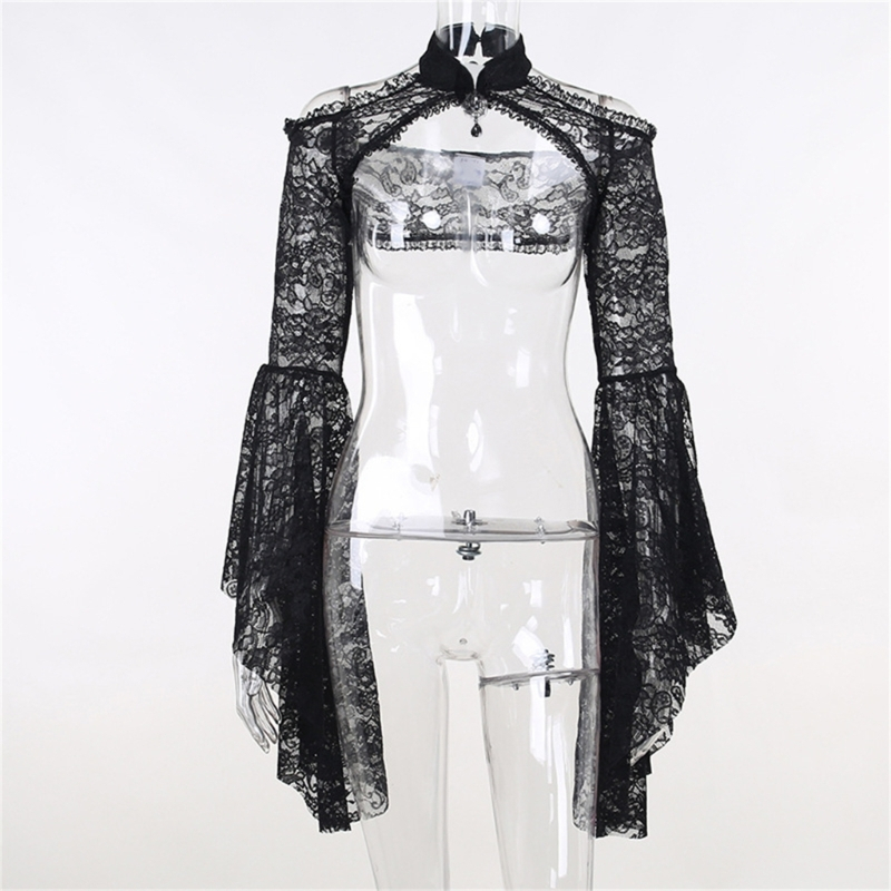 Hum women goth tops punk flare sleeves cover up sexy see through crop top girls stand collar lace t-shirt for party fest