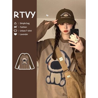 【RTVY】Áo Thun Tay Dài oversized Mỏng Màu Nâu raglan Phong Cách Mỹ Cổ Điển Thời Trang Mùa Thu Cho Nữ