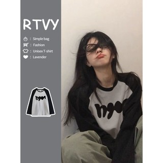 【RTVY】Áo Thun Nữ Tay Dài Cổ Tròn Dáng Rộng Màu Đen / Xám Phong Cách retro Mỹ
