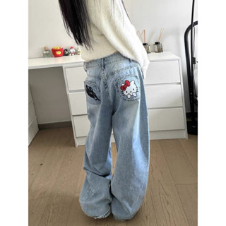 Quần jeans Ống Rộng Lưng Cao Thêu Hình hello kitty Thời Trang Thu Đông Dành Cho Nữ