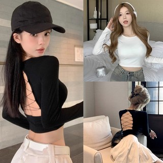 Áo Croptop Tay Dài Hở Lưng Phong Cách Hàn Quốc